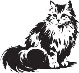 Obraz premium Stylized Kurilian Bobtail illustration in monochrome sumi-e art
