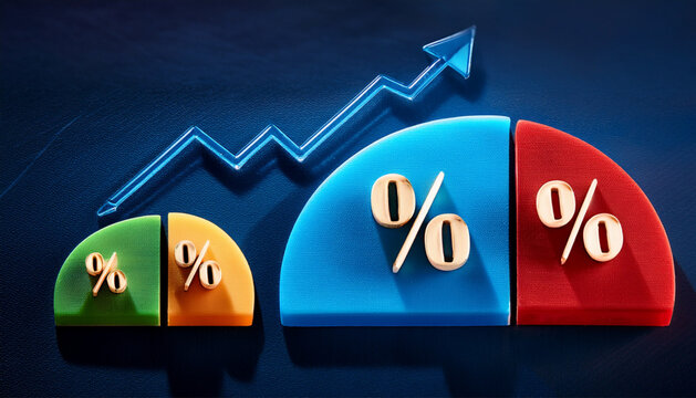 Financial infographic element showing percentage change, increase and decrease symbol icons.
