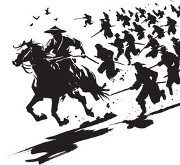 Monochrome illustration featuring a dramatic horseback escape fr