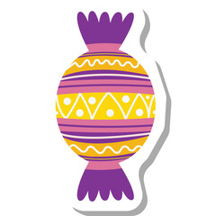 A Festive Wrapped Candy Illustration With Purple Yellow And Pink Stripes And Decorative Patterns On A Transparent Background