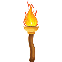 A Flaming Torch with a Wooden Handle Held Upright Illuminating the Darkness with Vibrant Orange and Yellow Flames Isolated on a Transparent White Background.