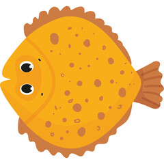 A Flat Yellow Fish with Brown Spots and Dark Eyes in a Top-Down View with a Transparent Background