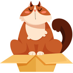 A fluffy brown and white cat with closed eyes sits contentedly inside a yellow open cardboard box with a transparent background illustrating a whimsical domestic scene
