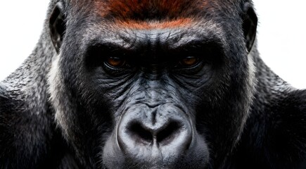 Close-up of a serious-looking gorilla isolated on a white background. The gorilla's dark fur and intense expression are clearly visible.