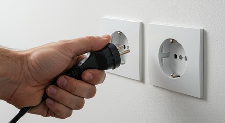 Hand plugging a black electrical cord into a white wall outlet
