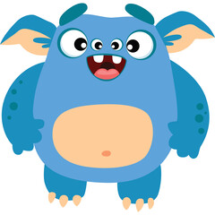A friendly blue cartoon monster with big eyes and a wide smile stands on a transparent background ready for fun and adventure