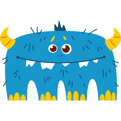 A Friendly Blue Furry Monster With Yellow Horns and Big Grin on a Transparent Background
