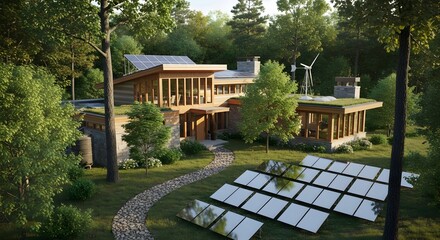 Naklejka na ściany i meble Modern Eco-Friendly Home with Solar Panels and Wind Turbine