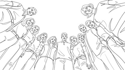 High-Quality Black Continuous Close-Up Line Art of Multiple People Standing Together, Upward Low-Angle Perspective Highlighting Height and Unity