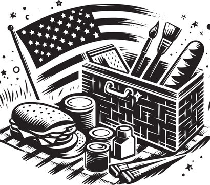 Black and white picnic illustration with USA flag evokes classic