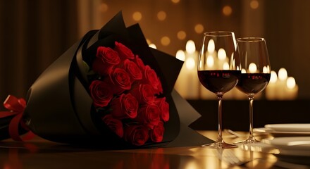 a single bouquet of red roses wrapped in black paper sits on a dinner table next to wine glasses.
