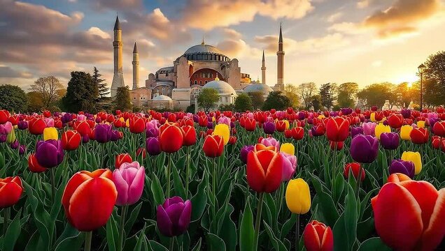 Istanbul's Hagia Sophia landmark sits behind vibrant tulip field as time-lapse clouds move to sunset.