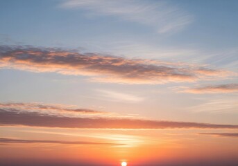 A peaceful evening sky with scattered cumulus clouds glowing in warm orange, pink, and light blue hues. The sun sets below the horizon, casting soft light rays upward. Captured in full HD from a groun