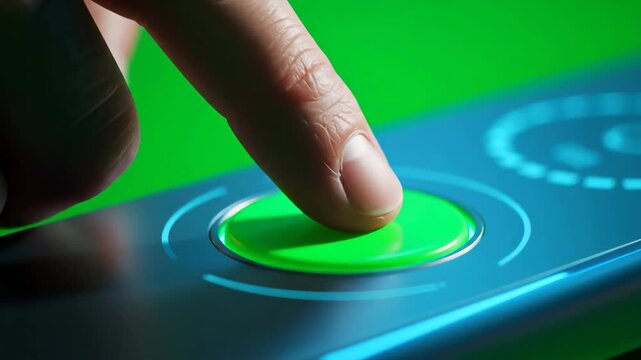 Green Button Activation on Digital Screen: Finger Pressing Tech Interface For UI Design or App Control Concept Featuring Modern Aesthetics and