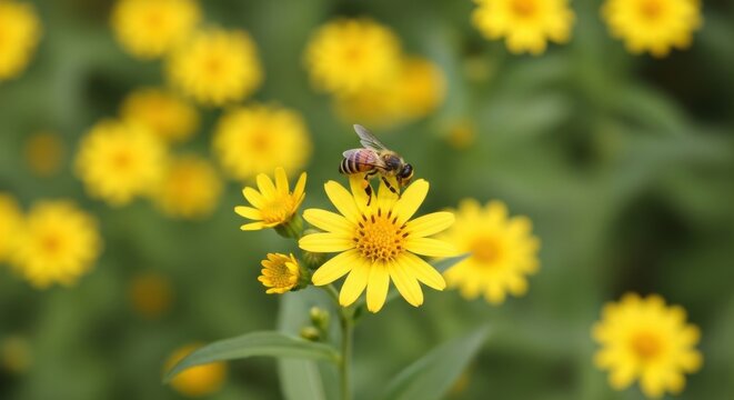 Honeybee collecting nectar from vibrant yellow daisy flower patch