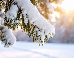 Pine tree branch blanketed in snow with small cones hanging in a winter wonderland setting