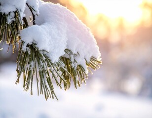 Pine tree branch blanketed in snow with small cones hanging in a winter wonderland setting