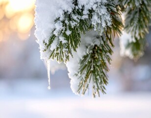 Pine tree branch blanketed in snow with small cones hanging in a winter wonderland setting