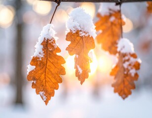 Snow covered leaves in winter. Details of snow on hanging leaves in winter scene