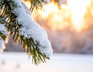 Pine tree branch blanketed in snow with small cones hanging in a winter wonderland setting