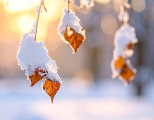 Snow covered leaves in winter. Details of snow on hanging leaves in winter scene