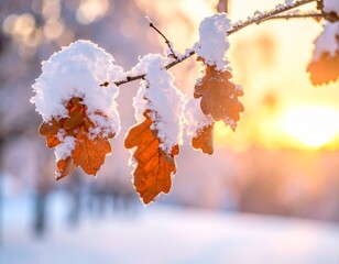 Snow covered leaves in winter. Details of snow on hanging leaves in winter scene