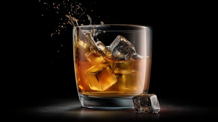 Golden Elixir: The image features a glistening glass of amber liquid, where a playful ice cube collides, creating a dynamic splash. A perfect capture that conveys both elegance and refreshment.