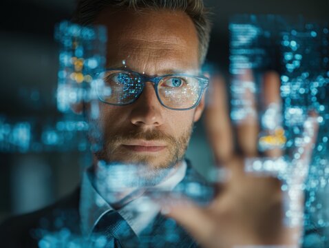 Business professional interacting with transparent touchscreen displaying AI powered search results and digital data in modern futuristic workplace showcasing technology innovation and transformation.
