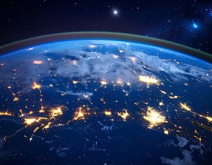 A breathtaking depiction of planet Earth from space at night, with city lights illuminating the dark surface, and stars scattered