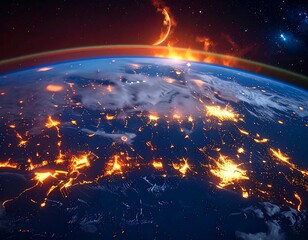 A breathtaking depiction of planet Earth from space, bathed in the fiery glow of an orbital event, cities ablaze with light