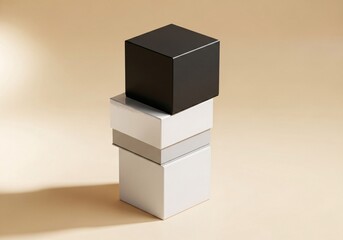 Obraz premium A minimalist composition of stacked black and white boxes on a neutral background for product mockup