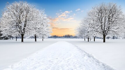 Obraz premium The image showcases a serene winter landscape with snow-covered trees lining a path, set against a backdrop of a clear blue sky transitioning into a soft, warm sunset.