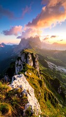 A breathtaking landscape captures a jagged mountain ridge with lush vegetation. The evening sky glows with fiery hues during the sunset