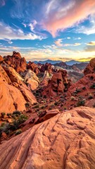 A breathtaking landscape of layered, reddish-orange rock formations under a vibrant, painted sky during a sunset, creating a stunning vista