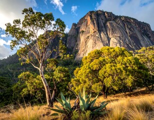 A breathtaking landscape photo, a towering cliff face rises above lush greenery and open grasslands under a partially cloudy sky