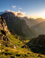 A breathtaking landscape photo captures mountain peaks bathed in golden sunlight, casting dramatic shadows over valleys and slopes