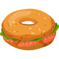 A golden brown circular bagel sandwich with fresh green lettuce and pink salmon slices filled inside against a clean white background studio lighting.