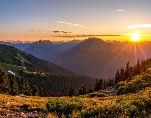 A breathtaking landscape photo showing a brilliant sun rising over majestic mountain ranges. The light bathes the peaks & valleys