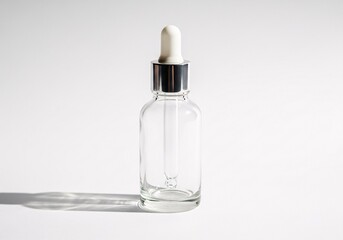 Naklejka premium Empty clear glass dropper bottle with a white cap for cosmetic serum on a white background with shadow