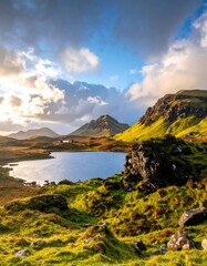 A breathtaking landscape with a tranquil lake nestled beneath dramatic, cloud-filled skies and rolling green hills. Mountains loom in the background
