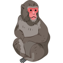 A gray monkey with a pink face and pink ears is sitting with its hands clasped in front of it on a white background.