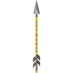 A Gray Pointed Arrow with a Brown Shaft Wrapped in Yellow String and Dark Fletching with an Orange Tip on a White Background