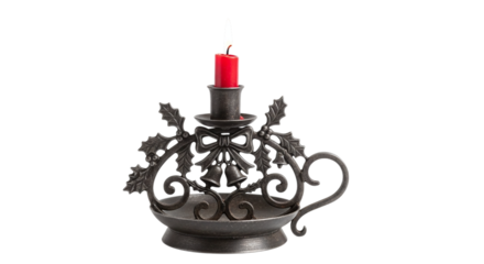 Elegant black candle holder with a red candle, adorned with holly and bells, isolated on transparent background a classic christmas decoration