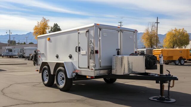 Utility trailer parked in an industrial area during daytime with clear blue sky and distant mountains