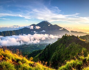 A breathtaking landscape with verdant hills in the foreground, misty clouds, and a majestic mountain under a sunrise sky