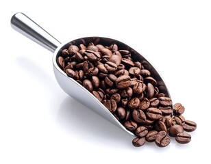 Roasted coffee beans fill a metal scoop on white background
