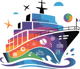 Colorful Cruise Ship with Travel Icons and Abstract Elements