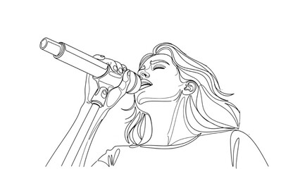 High-Quality Black Continuous Line Art of Singer Viewed from Audience, Upward Low-Angle Perspective with Microphone