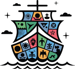 Stylized Sailboat with Geometric Symbols and Celestial Elements