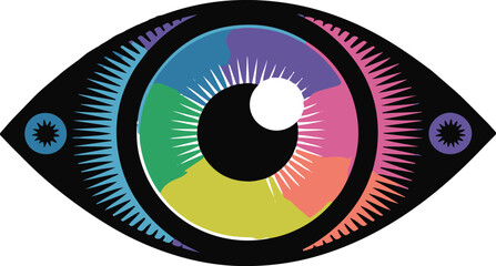 Vibrant, Abstract Eye Illustration with Rainbow Iris and Black Sclera